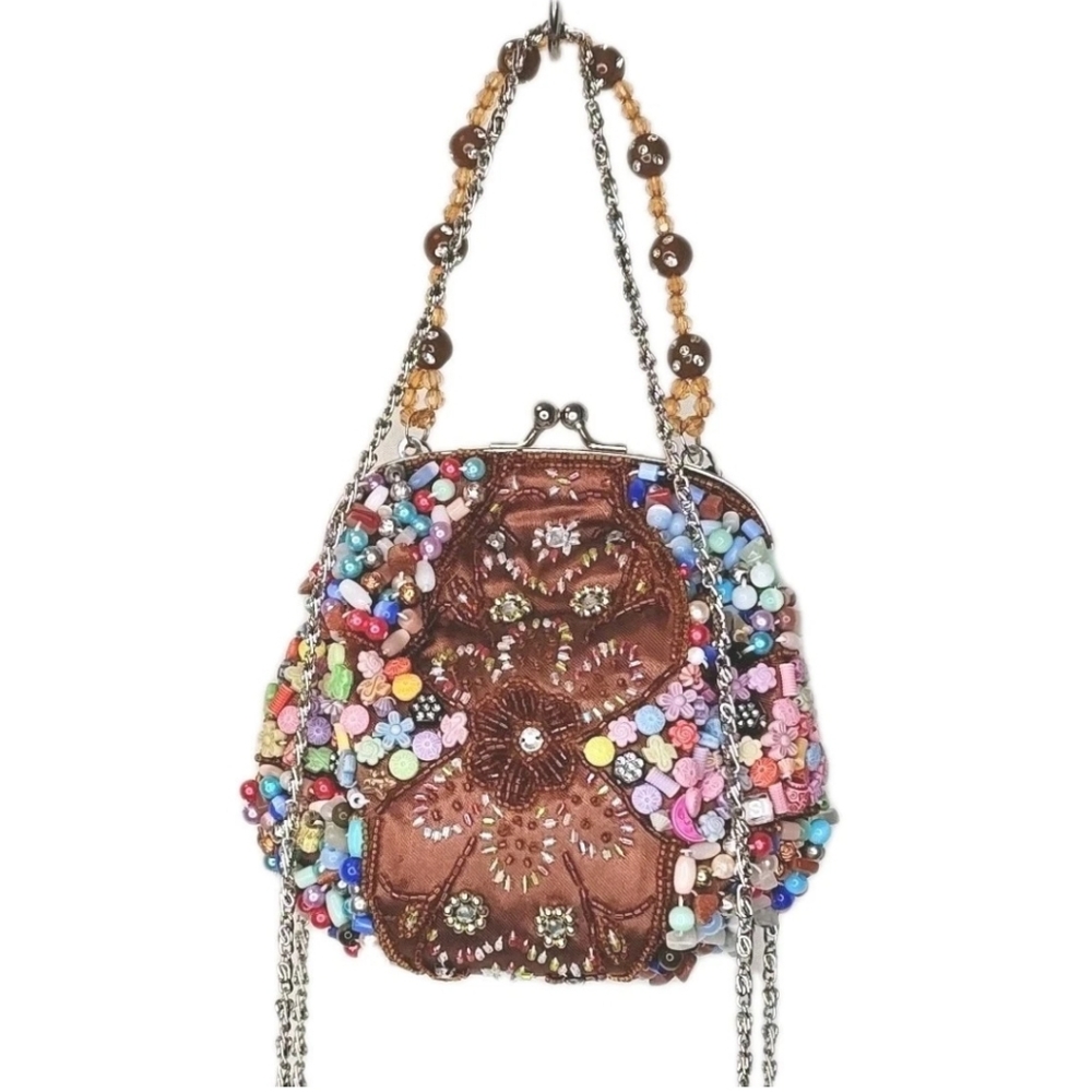 Candy Beaded 3D Floral Embellished Mini Bag Brown Satin Lined Silver Kiss Clasp